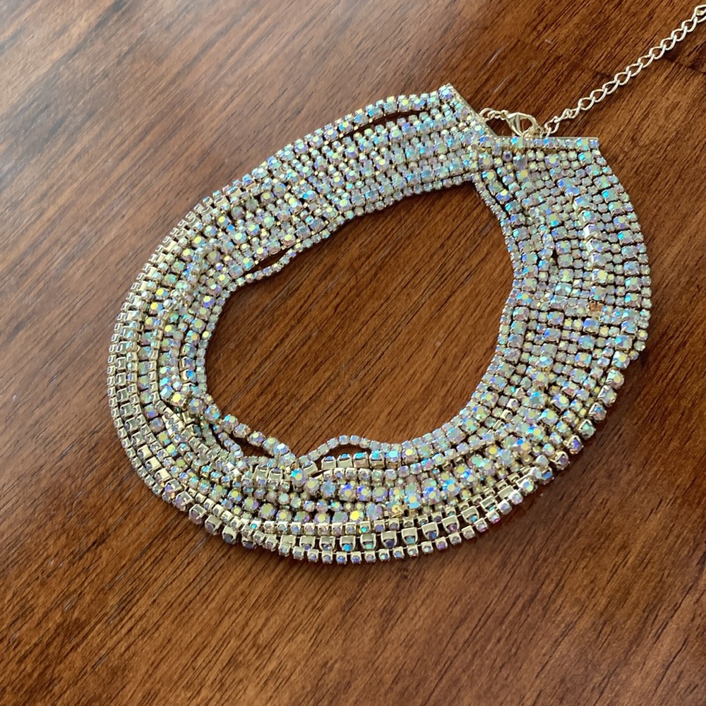 NEW Multi-Strand Choker Necklace Elegant Gold Rhinestone Diamond Style NWT